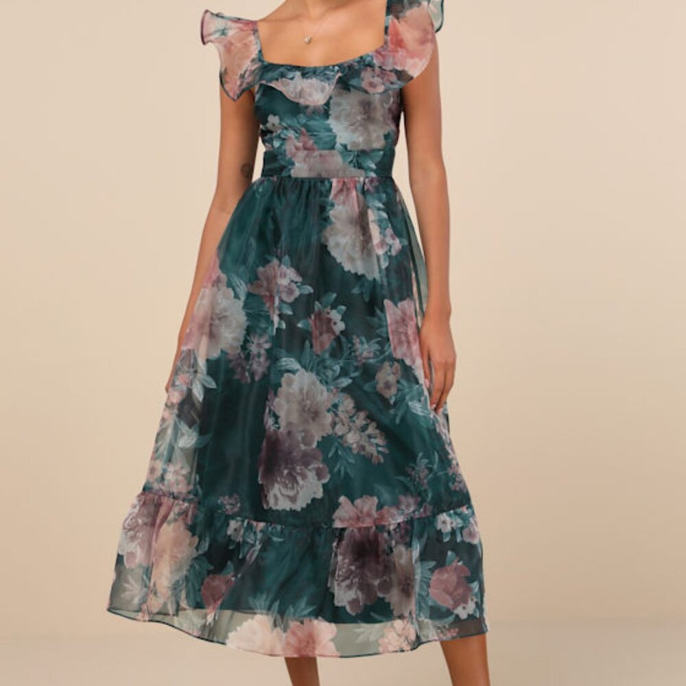 Lulus Sweet Composure Green Floral Organza Off-the-shoulder Midi Dress - Size S